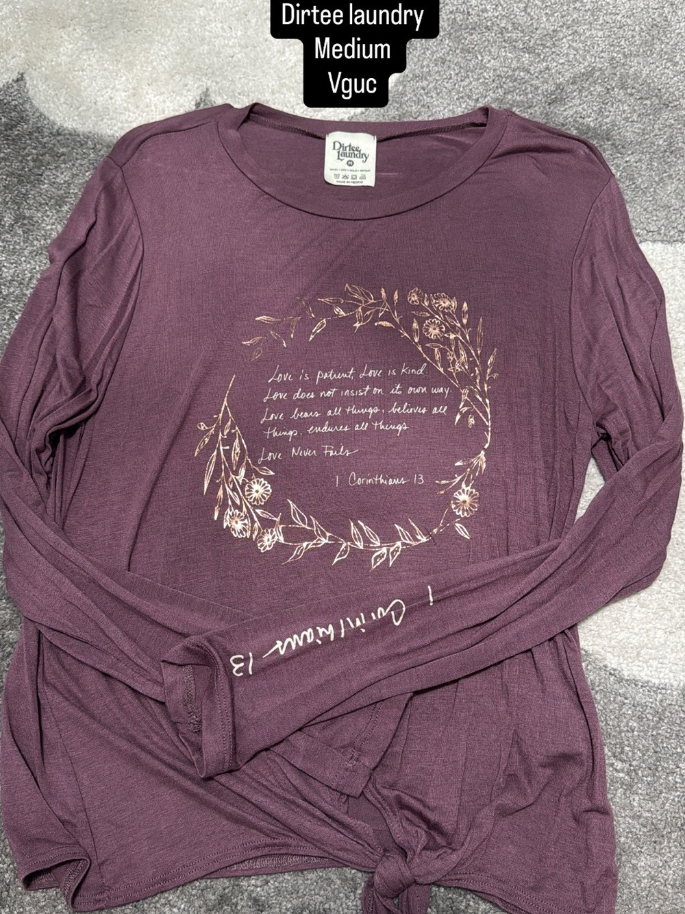 Women's Long-Sleeve Purple Graphic Tee - Medium Corinthians 13 scripture